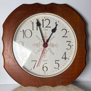 Elgin Wall Clock Brown Wood Scalloped Quartz Floral Made in USA Cottagecore 10"